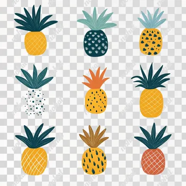 PNG Drawings of Pineapples from Tropical Regions on Flat White Background