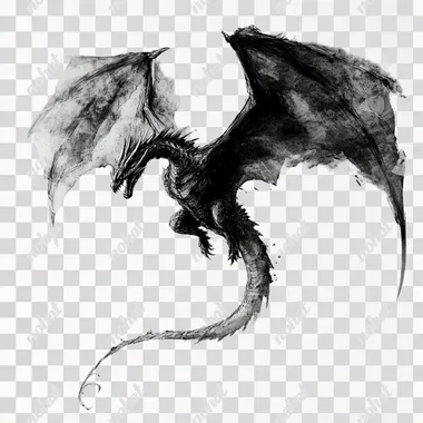 PNG Drogon Flying Dragon Black and Grey Sketch in Fantasy Landscape