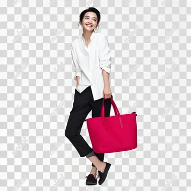 PNG Elegant Asian Model with Crimson Tote Bag PNG Elegant Asian Model with Crimson Tote Bag