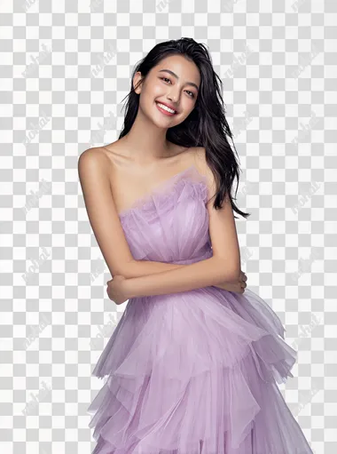 PNG Elegant Asian Woman in Lavender Tulle Dress PNG Elegant Asian Woman in Lavender Tulle Dress
