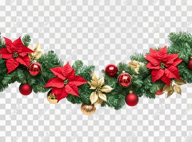 PNG Elegant Christmas garland with poinsettias and bells for festive decor