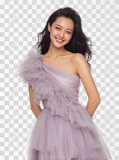 PNG Elegant Young Asian Woman in Pastel Lavender Dress PNG Elegant Young Asian Woman in Pastel Lavender Dress