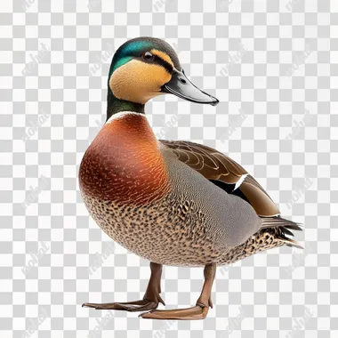 PNG Eurasian Teal Duck Standing Upright on White Background, Full Body Shot