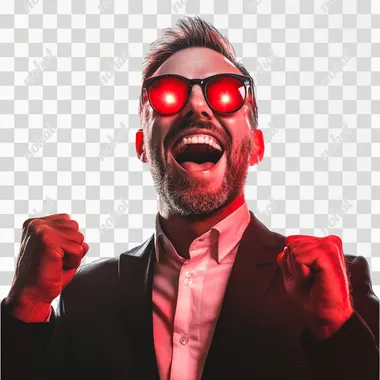 PNG Excited affluent man in suit with red glasses, profile portrait shot