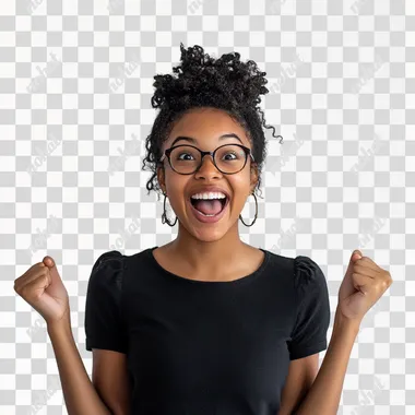 PNG Excited Black Young Woman in Black Shirt and Glasses, Indoor Setting