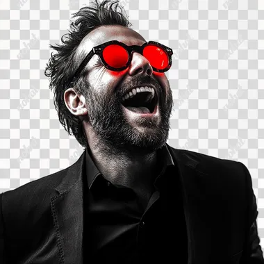 PNG Excited Rich Man in Suit with Red Glowing Glasses, Profile Picture