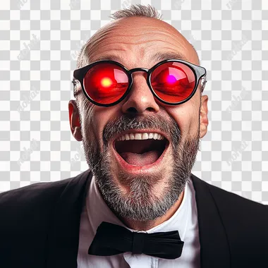 PNG Excited wealthy man in tuxedo with red glasses, profile photo on white