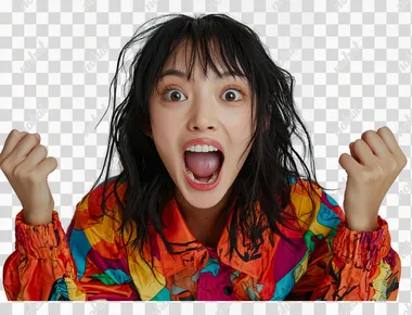 PNG Excited young Asian woman with surprised expression in home setting