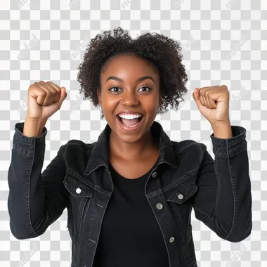 PNG Excited Young Black Woman Smiling with Fist Up, Stock Photo