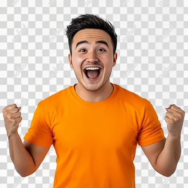 PNG Excited Young Kazakh Man in Orange T-Shirt Expressing Joyful Emotions