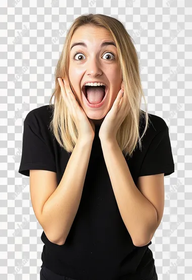 PNG Excited young woman with blonde hair in a black t-shirt, tan skin