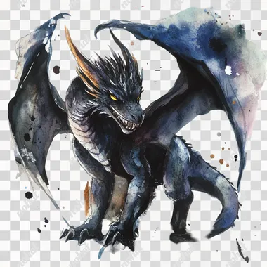 PNG Fierce Black Dragon with Yellow Eyes in Watercolor Storybook Style