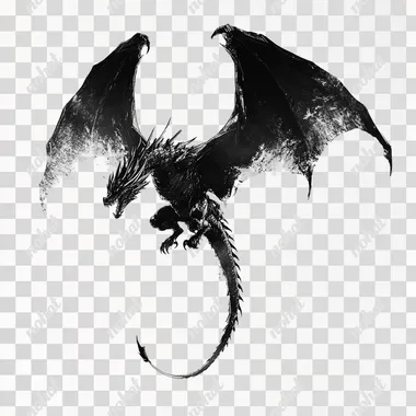 PNG Flying dragon illustration in black and white for fantasy art enthusiasts