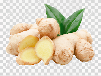 PNG Fresh Ginger Root with Slices and Green Leaves
