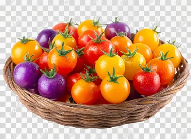 PNG Fresh Rainbow Cherry Tomatoes in a Basket PNG Fresh Rainbow Cherry Tomatoes in a Basket