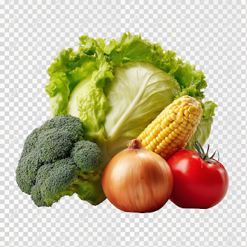 PNG Fresh Vegetables: Lettuce, Broccoli, Corn, Onion, Tomato