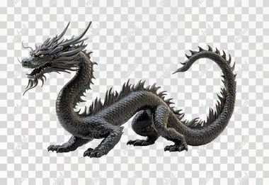 PNG Full Body Chinese Black Dragon in Natural Habitat on White Background