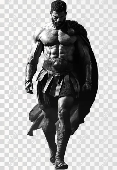 PNG Gladiator in Cape Walking Forward - Hyper-Realistic Black and White PNG Gladiator in Cape Walking Forward - Hyper-Realistic Black and White