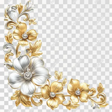 PNG Gold and Silver Decorative Floral Corner for Elegant Living Spaces PNG Gold and Silver Decorative Floral Corner for Elegant Living Spaces