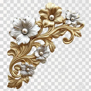 PNG Gold and White Floral Corner Design for Elegant Home Decor PNG Gold and White Floral Corner Design for Elegant Home Decor