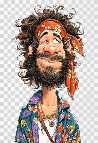 PNG Goofy Hippie Caricature with a Playful Smirk PNG Goofy Hippie Caricature with a Playful Smirk