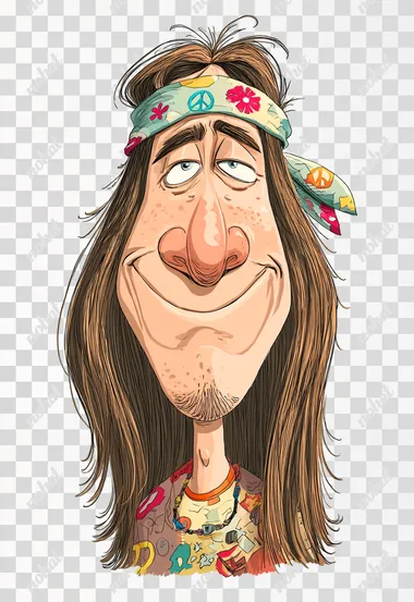 PNG Goofy Hippie Caricature with Peace Symbols PNG Goofy Hippie Caricature with Peace Symbols