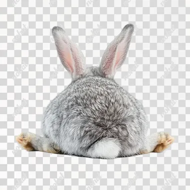 PNG Gray and White Rabbit Lying Down with Fluffy Tail on White Surface