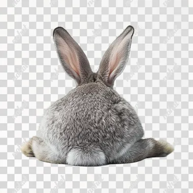 PNG Gray bunny rabbit lying down on a white floor, fluffy tail visible