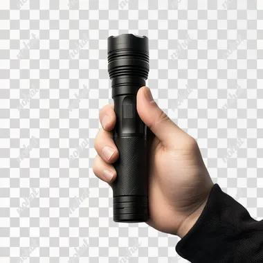 PNG Hand Holding Black Flashlight in Living Room – Studio Product Photography
