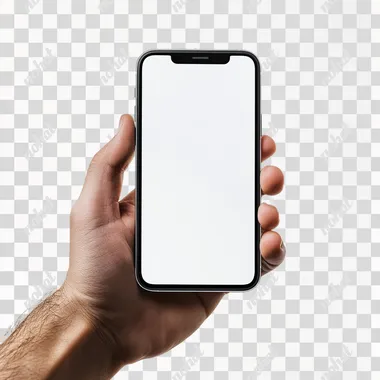 PNG Hand Holding iPhone 16 White Screen Mockup for Living Room Display