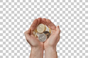 PNG Hands Holding a Collection of Cryptocurrency Coins