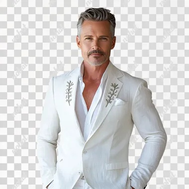 PNG Handsome middle-aged man in vintage white suit for upscale living area