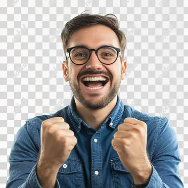 PNG Happy 30-Year-Old Nerdy Man in Blue Shirt Cheering in Urban Setting