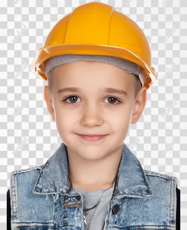 PNG Happy 8-Year-Old Boy in Construction Helmet and Denim Vest PNG Happy 8-Year-Old Boy in Construction Helmet and Denim Vest