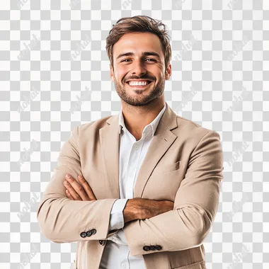 PNG Happy accountant in neutral blazer, arms crossed, isolated on white PNG Happy accountant in neutral blazer, arms crossed, isolated on white