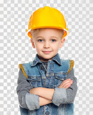 PNG Happy Boy in Construction Helmet and Denim Vest PNG Happy Boy in Construction Helmet and Denim Vest