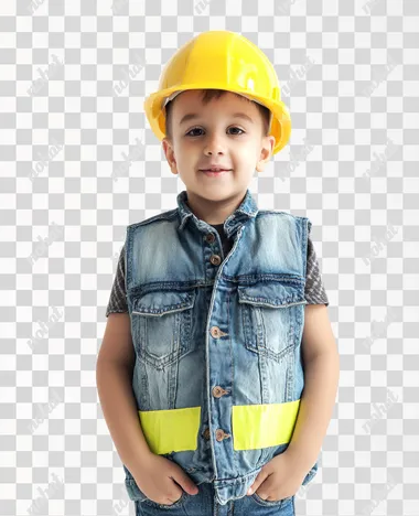 PNG Happy Boy in Construction Helmet and Denim Vest PNG Happy Boy in Construction Helmet and Denim Vest