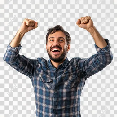 PNG Happy man celebrating success with arms raised in a bright studio.