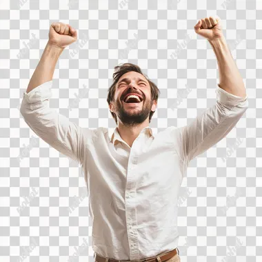 PNG Happy man celebrating success with arms raised in bright studio setting