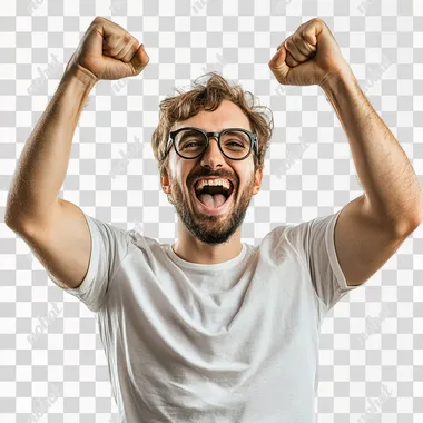 PNG Happy man in glasses and white t-shirt celebrating success in studio