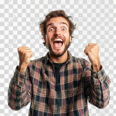 PNG Happy man with surprised expression in realistic photo, indoor setting