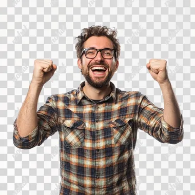 PNG Happy nerdy man in plaid shirt and glasses celebrating indoors