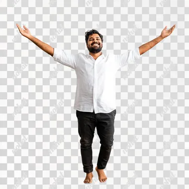 PNG Happy South Indian man in garden, arms raised, black pants, white shirt