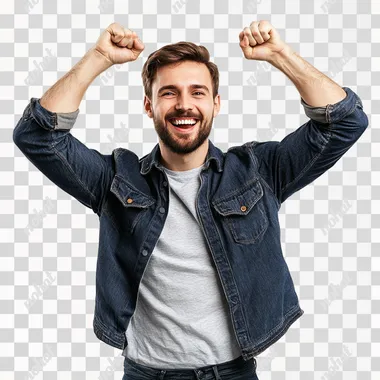 PNG Happy Young Man in Jean Jacket and Beard Celebrating in Urban Setting