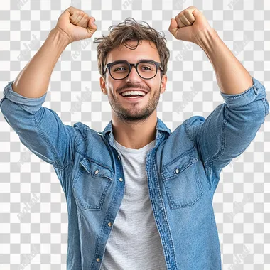 PNG Happy young man in jean jacket and glasses celebrating indoors