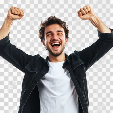 PNG Happy young man in victory pose celebrating indoors 8k resolution