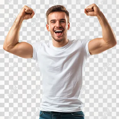 PNG Happy Young Man in Victory Pose Celebrating Success Indoors