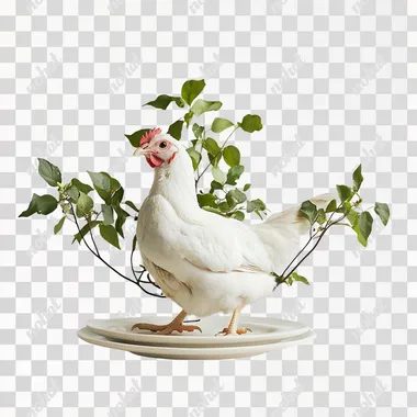 PNG Healthy hen standing on a plate in a bright kitchen setting, 8K PNG Healthy hen standing on a plate in a bright kitchen setting, 8K