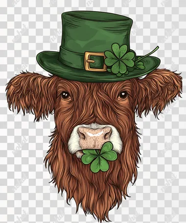 PNG Highland cow clip art with green hat and shamrock for St. Patrick's Day