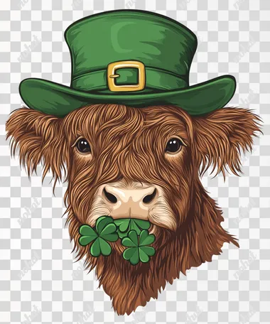 PNG Highland cow clip art with green hat and shamrock for St. Patrick's Day